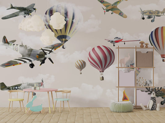 Uçak ve Balon Desenli 3D Duvar Kağıdı | Duvar Kağıdı Marketi