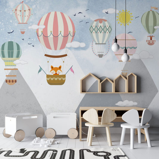 Dağların Arasında Uçan Balon Desenli 3D Duvar Kağıdı | Duvar Kağıdı Marketi