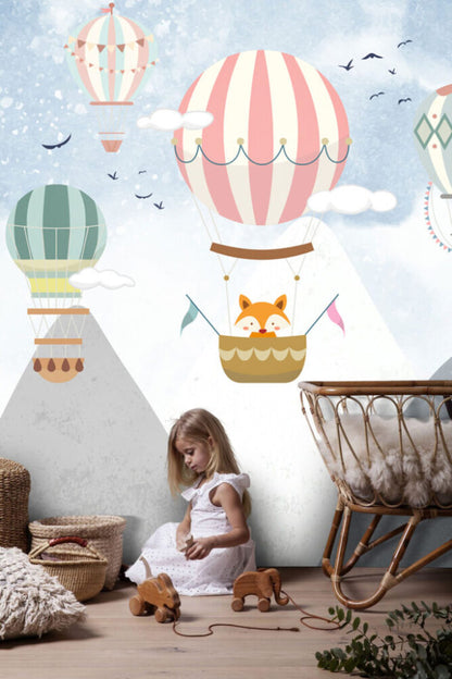 Dağların Arasında Uçan Balon Desenli 3D Duvar Kağıdı | Duvar Kağıdı Marketi