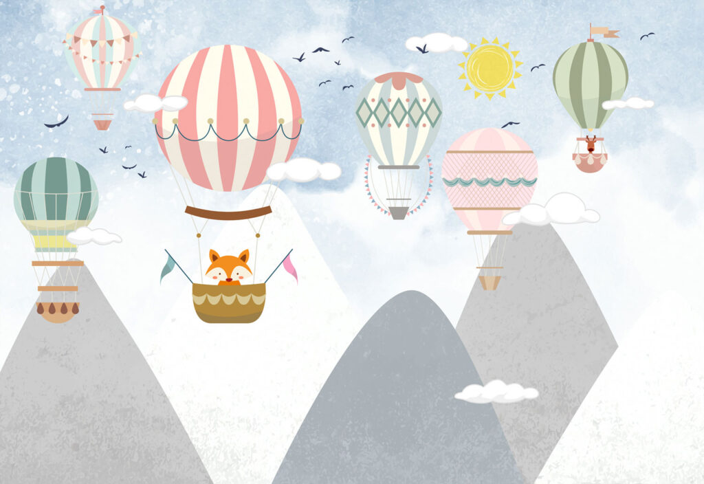 Uçan Balon Desenli Dağların Arasında Duvar Kağıdı Poster