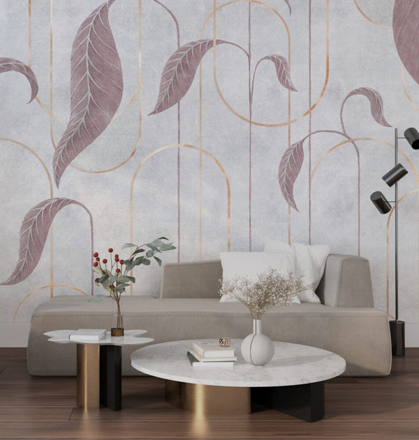 Yaprak Desenli Bordo Geometrik Duvar Kağıdı Poster