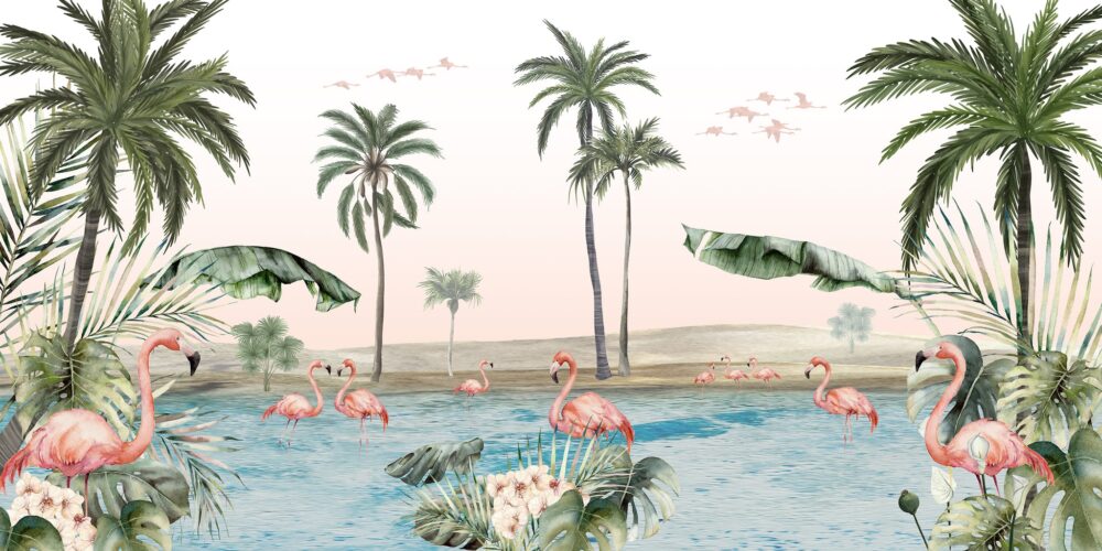 Flamingolu Tropikal Desenli Duvar Kağıdı