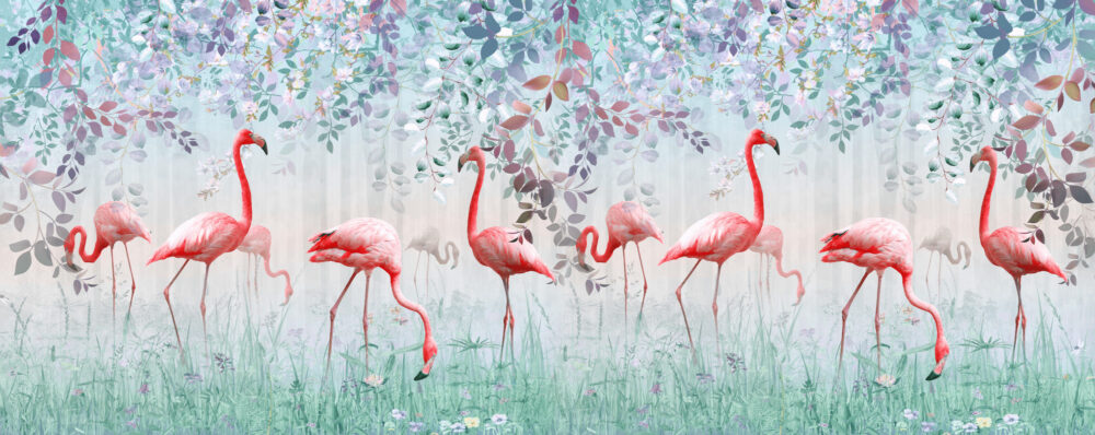 Flamingolar 3D Çiçek Üzerindeki Duvar Kağıdı Poster