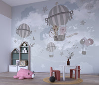 Uçan Balon İçerisinde ki Hayvanlar 3D Soft Tonlar'da Duvar Kağıdı Poster
