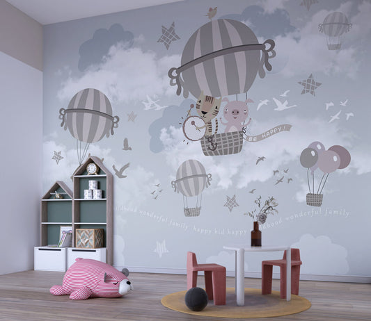 Soft Tonlar'da Uçan Balon İçerisinde ki Hayvanlar 3D Duvar Kağıdı