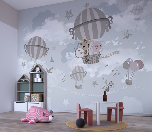 Uçan Balon İçerisinde ki Hayvanlar 3D Soft Tonlar'da Duvar Kağıdı Poster