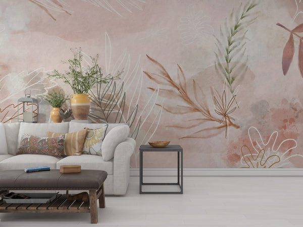 Yapraklar Soft Pembe Duvar Kağıdı Poster