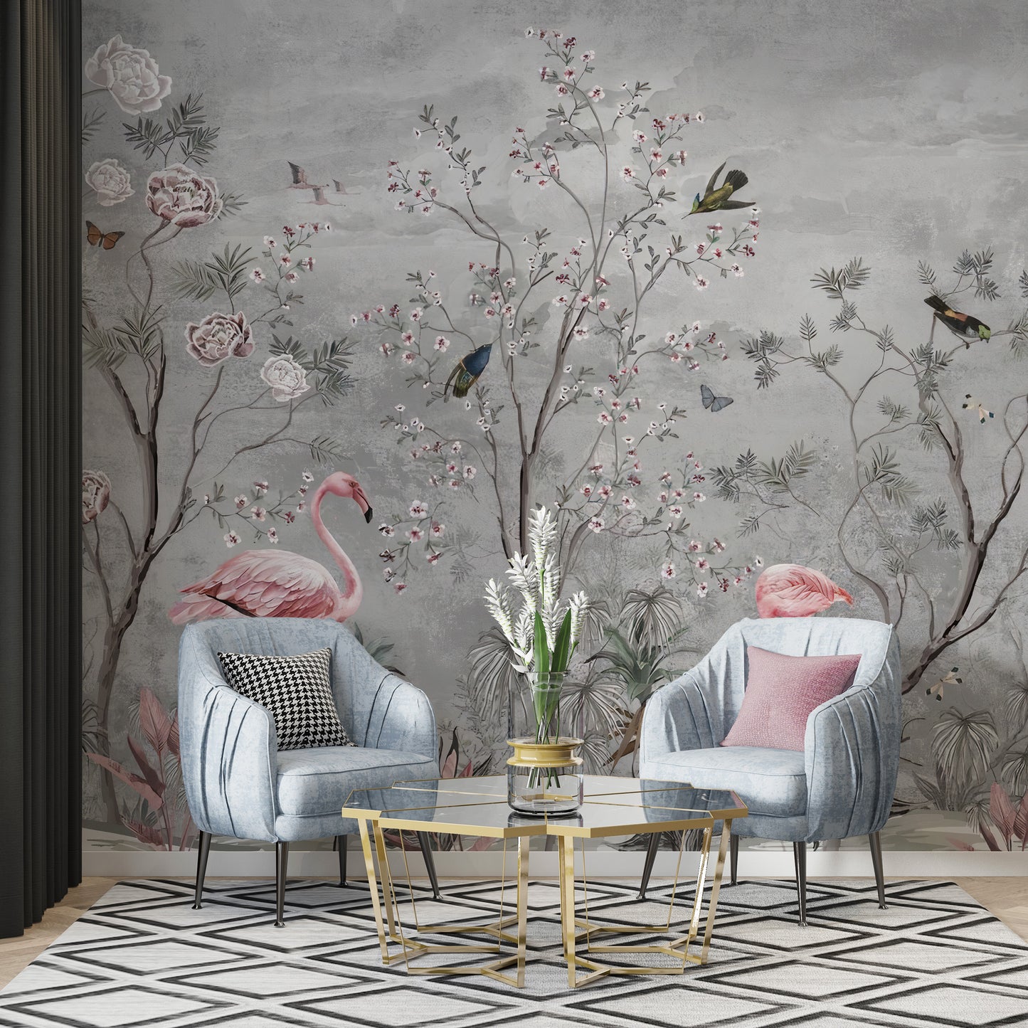 Flamingo Kuşları ve Gül Ağacı Duvar Kağıdı