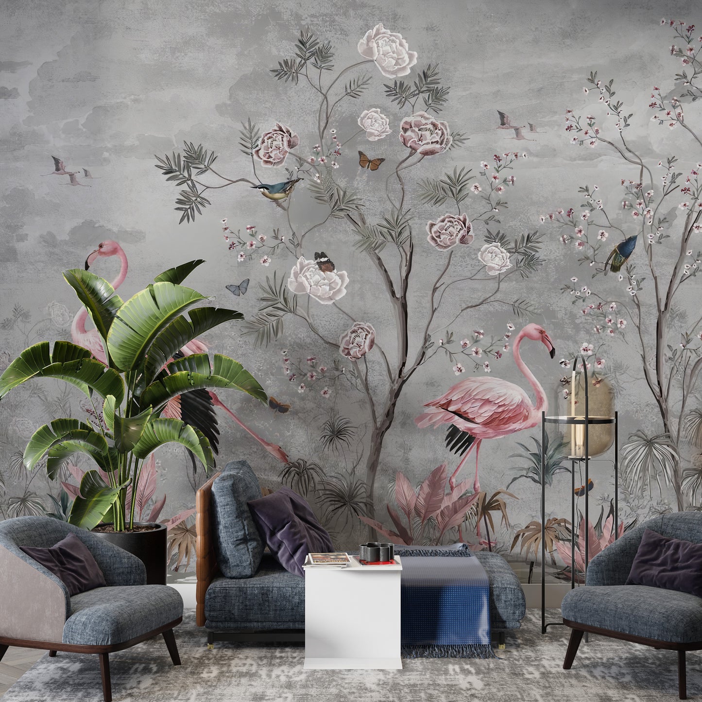 Flamingo Kuşları ve Gül Ağacı Duvar Kağıdı