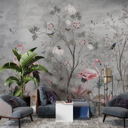 Flamingo Kuşları ve Gül Ağacı Duvar Kağıdı