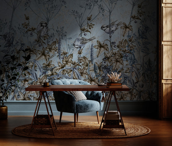 Kuşlar Mavi Gold Renklerinde Duvar Kağıdı Poster