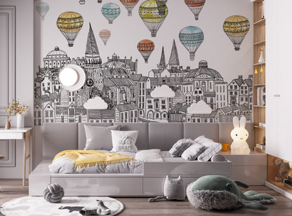 Uçan Balon ve Şehir Manzara Desenli 3D Duvar Kağıdı | Duvar Kağıdı Marketi