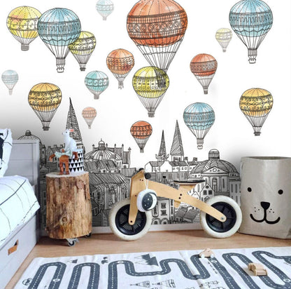 Uçan Balon ve Şehir Manzara Desenli 3D Duvar Kağıdı | Duvar Kağıdı Marketi