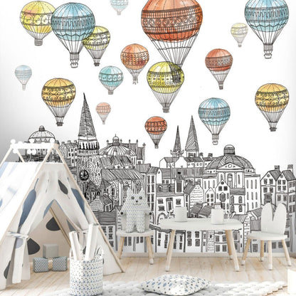 Uçan Balon ve Şehir Manzara Desenli 3D Duvar Kağıdı | Duvar Kağıdı Marketi