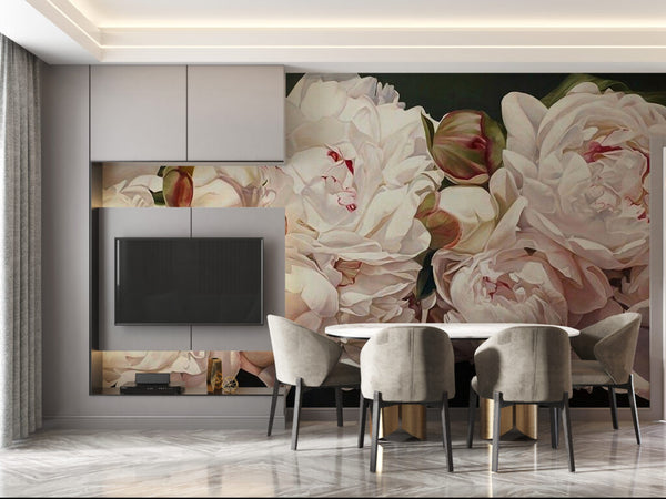 Yapraklı Gül Desenli 3D Beyaz Büyük Duvar Kağıdı Poster