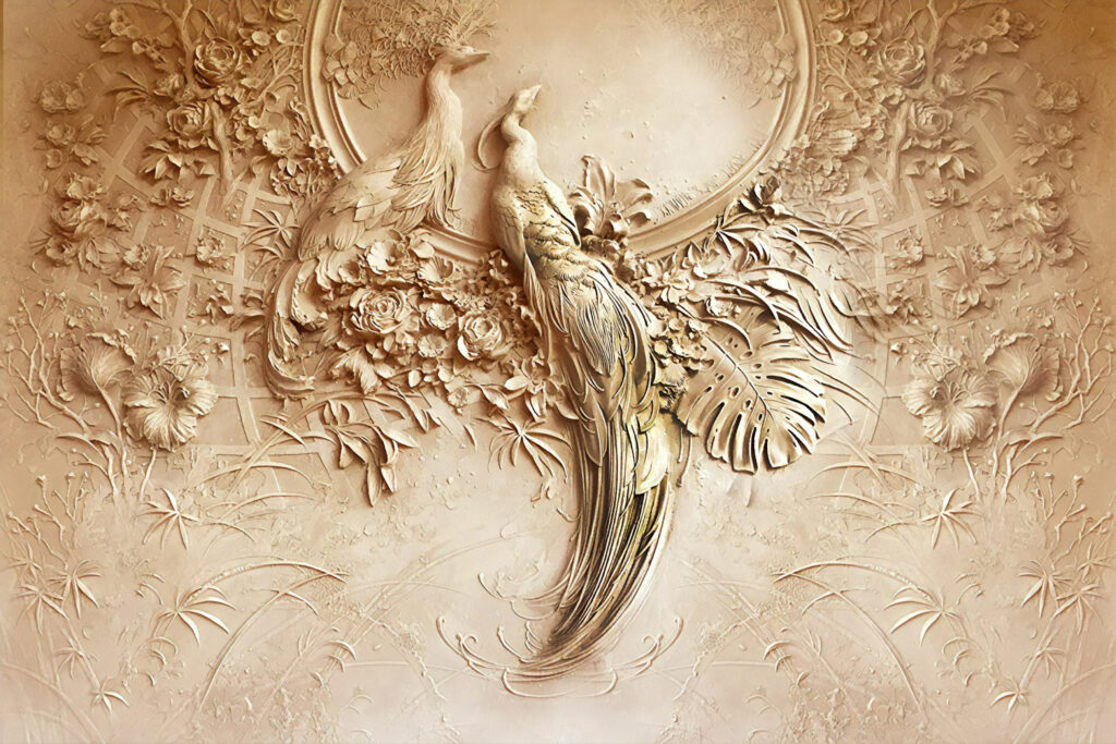 Desenli 3D Kuş Yaprak Duvar Kağıdı Poster