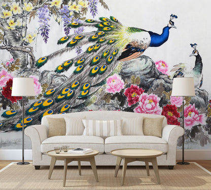 Tavus Kuşu ve Gül Desenli 3D Duvar Kağıdı