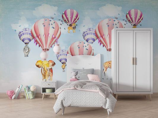 Hayvanları Taşıyan Uçan Balon Desenli 3D Duvar Kağıdı | Duvar Kağıdı Marketi