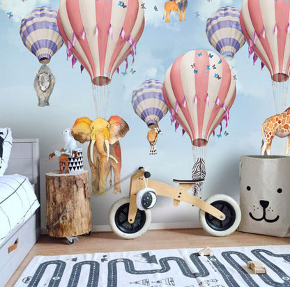 Hayvanları Taşıyan Uçan Balon Desenli 3D Duvar Kağıdı | Duvar Kağıdı Marketi
