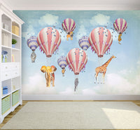 Uçan Balon Desenli Hayvanları Taşıyan Duvar Kağıdı Poster