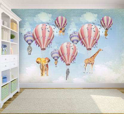 Hayvanları Taşıyan Uçan Balon Desenli 3D Duvar Kağıdı | Duvar Kağıdı Marketi