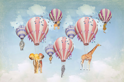 Hayvanları Taşıyan Uçan Balon Desenli 3D Duvar Kağıdı | Duvar Kağıdı Marketi