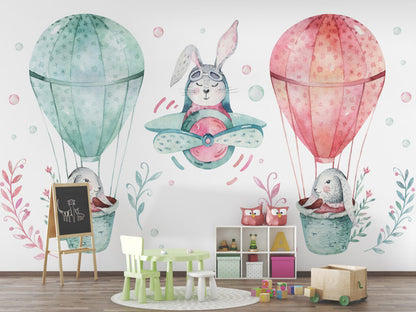 Tavşanları Taşıyan Uçan Balon Desenli 3D Duvar Kağıdı | Duvar Kağıdı Marketi