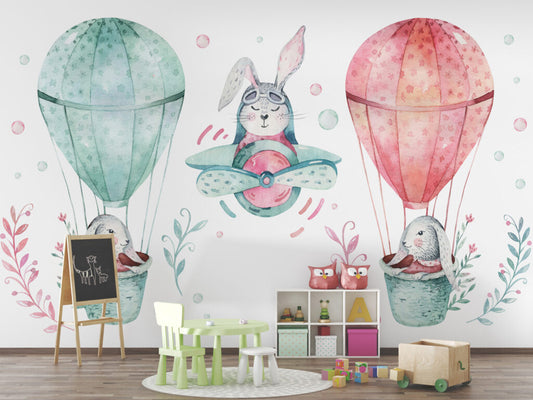 Tavşanları Taşıyan Uçan Balon Desenli 3D Duvar Kağıdı | Duvar Kağıdı Marketi