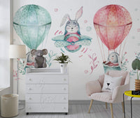 Uçan Balon Desenli Tavşanları Taşıyan Duvar Kağıdı Poster