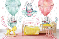 Uçan Balon Desenli Tavşanları Taşıyan Duvar Kağıdı Poster