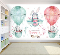 Uçan Balon Desenli Tavşanları Taşıyan Duvar Kağıdı Poster