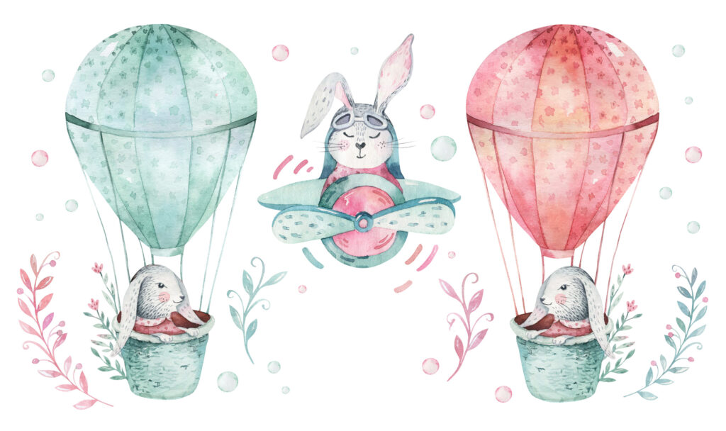 Uçan Balon Desenli Tavşanları Taşıyan Duvar Kağıdı Poster