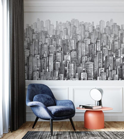 3D Karakalem Çizimli Çok Bina Desenli Duvar Kağıdı | Duvar Kağıdı Marketi