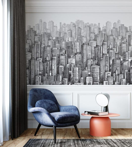 3D Karakalem Çizimli Çok Bina Desenli Duvar Kağıdı | Duvar Kağıdı Marketi