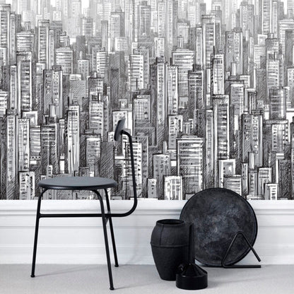 3D Karakalem Çizimli Çok Bina Desenli Duvar Kağıdı | Duvar Kağıdı Marketi