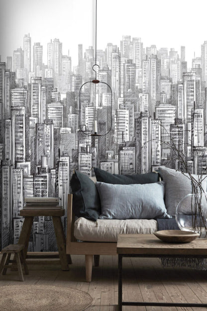 3D Karakalem Çizimli Çok Bina Desenli Duvar Kağıdı | Duvar Kağıdı Marketi