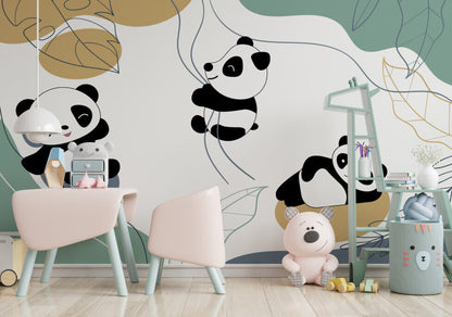 Sarmaşıklara Tutunan Panda Desenli 3D Duvar Kağıdı