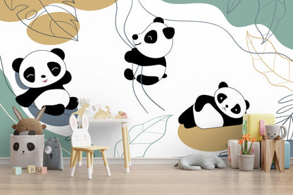 Sarmaşıklara Tutunan Panda Desenli 3D Duvar Kağıdı