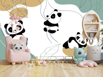 Sarmaşıklara Tutunan Panda Desenli 3D Duvar Kağıdı