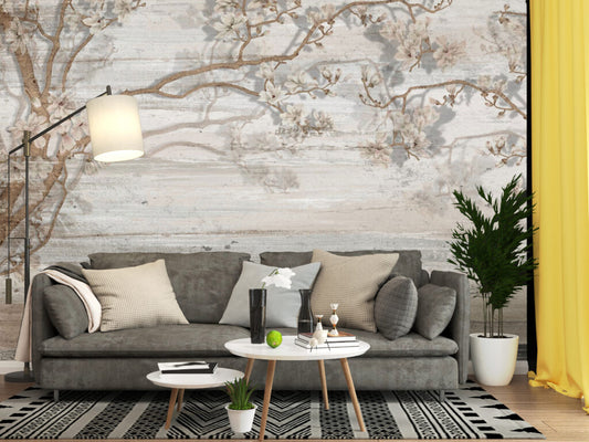 Beyaz Çiçekli Dal Desenli 3D Duvar Kağıdı