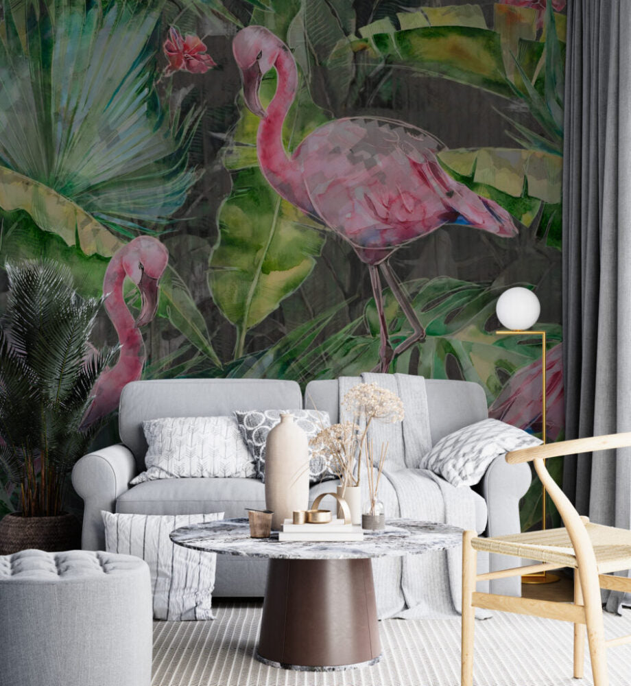 Desenli 3D Flamingo Bitki Duvar Kağıdı Poster
