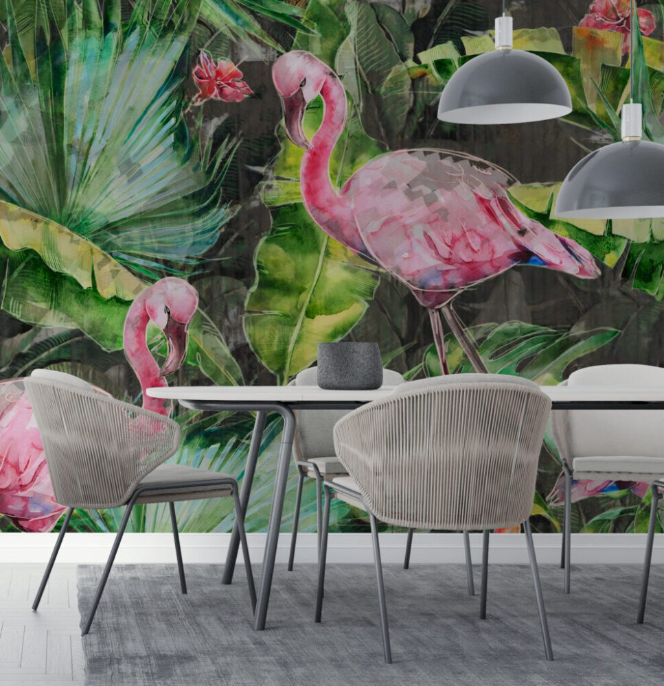 Flamingo ve Bitki Desenli 3D Duvar Kağıdı