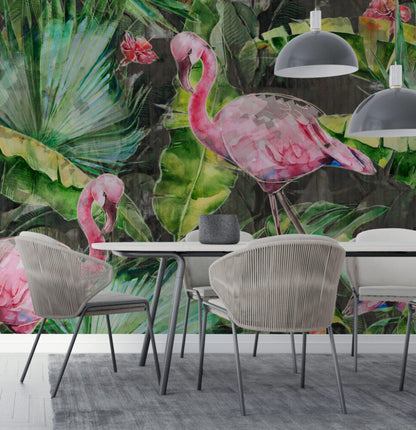 Flamingo ve Bitki Desenli 3D Duvar Kağıdı