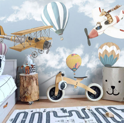 Eski Uçak ve Balon Desenli 3D Duvar Kağıdı | Duvar Kağıdı Marketi