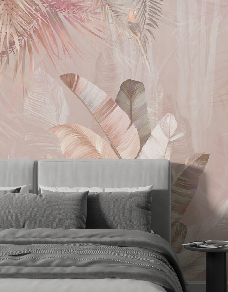 3D Geniş Yapraklı Çok Bitkili Pembe Tropikal Duvar Kağıdı