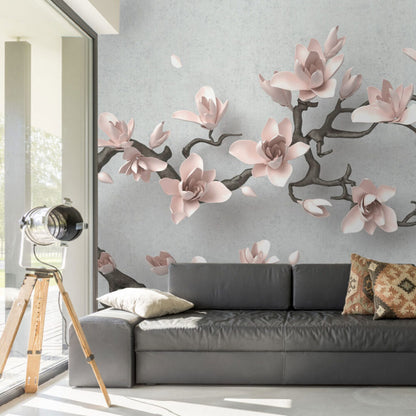 Beyaz Gül ve Dal Desenli 3D Duvar Kağıdı