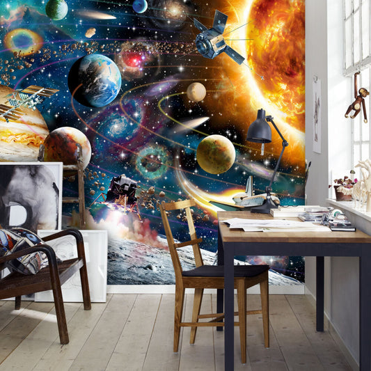 Astronot ve Gezegenler Duvar Kağıdı 140x260 140cm En 260cm Boy Petra Dokulu
