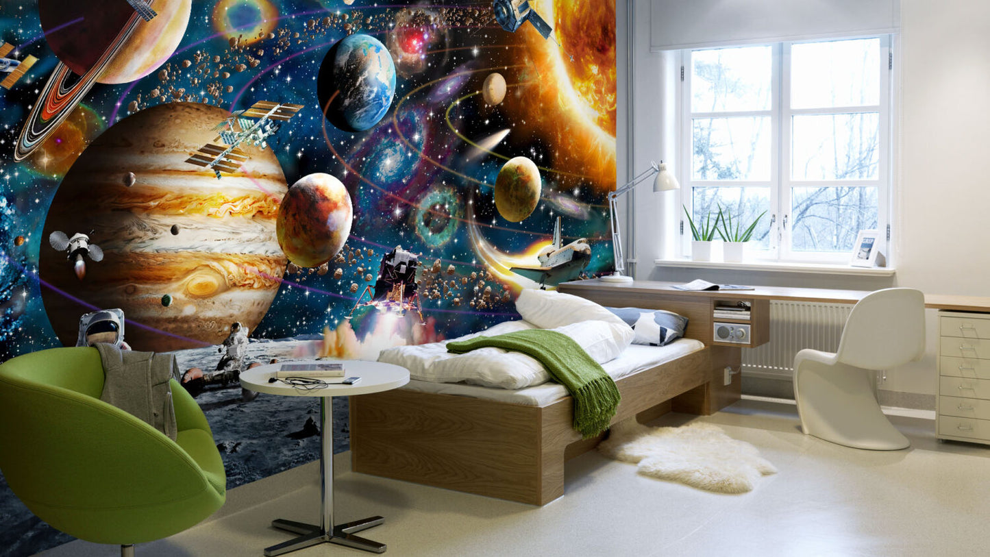 Astronot ve Gezegenler Duvar Kağıdı 140x260 140cm En 260cm Boy Petra Dokulu