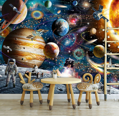 Astronot ve Gezegenler Duvar Kağıdı 140x260 140cm En 260cm Boy Petra Dokulu