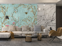 Çiçekli Ağaç Dalı Desenli 3D Uçan Kuşlar Duvar Kağıdı Poster
